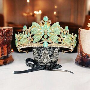 Lime Green Crown, Royal Princess Tiara, Gold Gemstone Crown, Quinceanera Tiara
